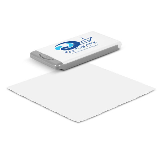 A white screen cleaning kit featuring a logo, with a rectangular cleaning cloth and a compact case.