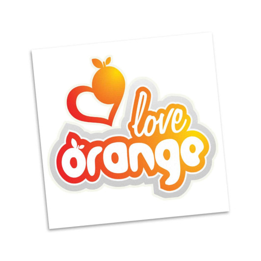 A square, multicoloured temporary tattoo featuring orange and red tones with a heart and the word "love" in a playful font.