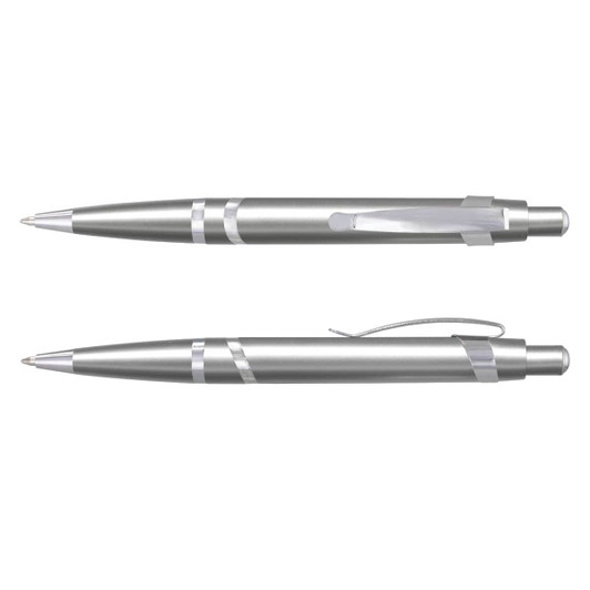 A silver plastic pen with a shiny finish and a clip. The pen features sleek, contemporary design elements.