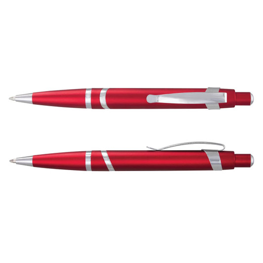 A red plastic pen with silver accents, featuring a clip and a tip, displayed from two angles. It has a logo.