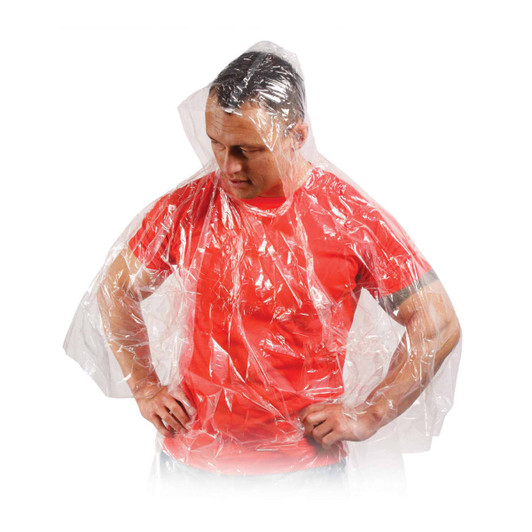 An emergency rain coat made of clear plastic, worn by a person in a red shirt.