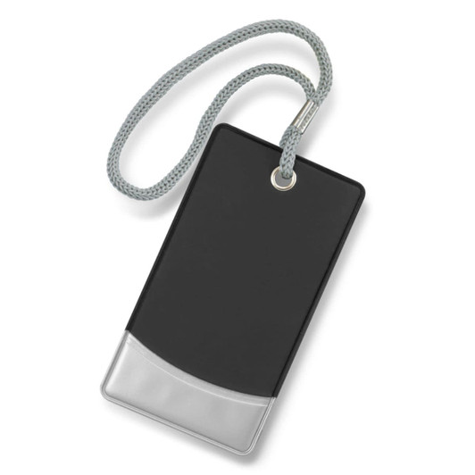A Trekka Luggage Tag featuring a sleek black design with a transparent bottom portion and a gray strap for attachment.