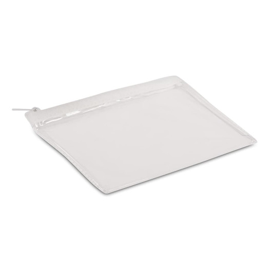 A clear zippered pouch designed for travel, suitable for carrying toiletries or small items.