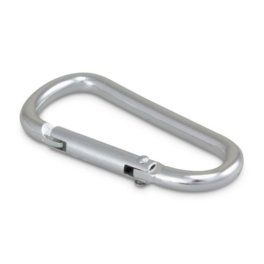 A silver carabiner with a metal clasp, designed for securing items together.