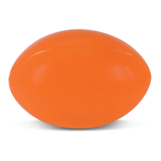 An orange stress rugby ball, designed for relieving stress and promoting fun.