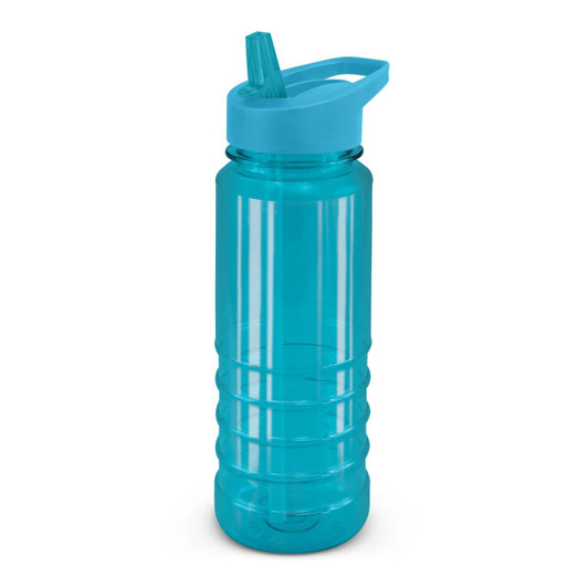A drink bottle in bright aqua with a blue lid and straw, featuring a textured grip and a logo.