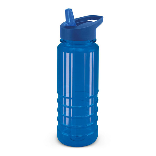 A drink bottle in a vibrant blue hue with a matching lid and a flip-top spout, featuring a logo.