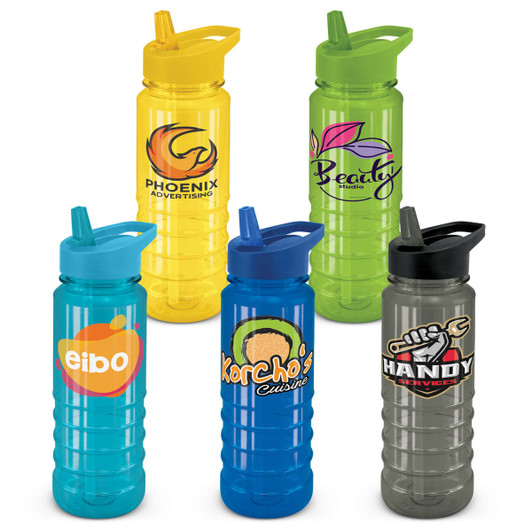 A drink bottle collection featuring yellow, green, blue, and grey bottles, each with a logo on them.