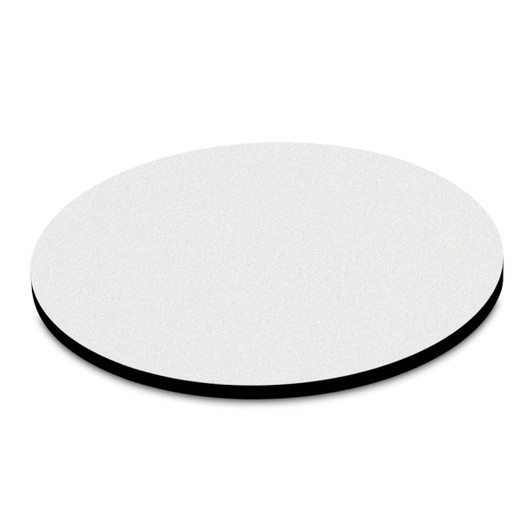 A round mouse mat with a smooth, white surface and a black underside, designed for precision tracking.