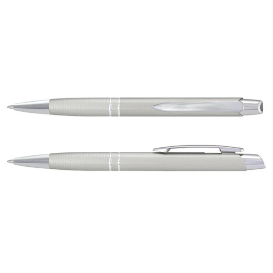 A silver metal pen with a textured grip and chrome accents, featuring a logo.