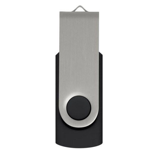 A black and silver Helix 4GB flash drive with a metallic clip and a circular button, featuring a branding logo.