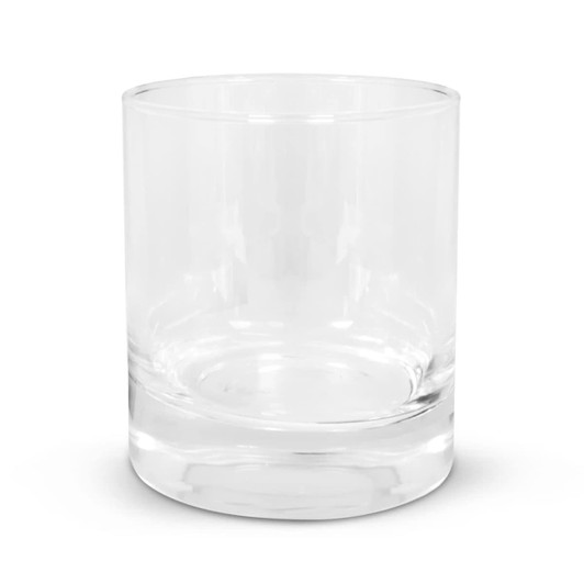 A clear glass tumbler with a thick, solid base, designed for beverages.
