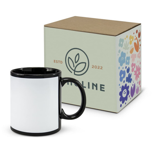 A coffee mug with a white exterior and a black handle, accompanied by a decorated packaging box.
