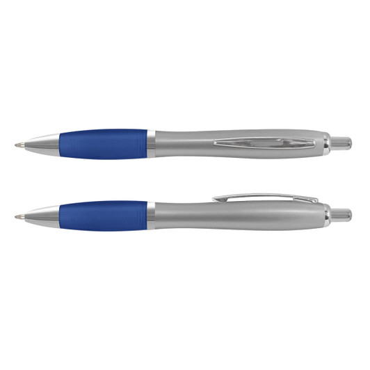 A classic plastic pen in silver and blue, featuring a comfortable grip and a simple design. It has a branding logo.