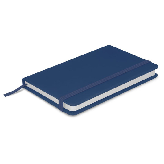 A navy notebook with a smooth cover, featuring an elastic band closure and a ribbon marker.