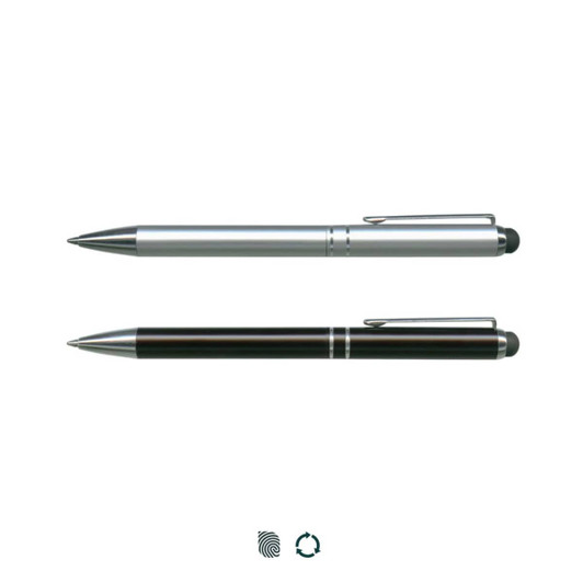 Two stylus pens are displayed, one silver and one black, each featuring a clip and a logo.