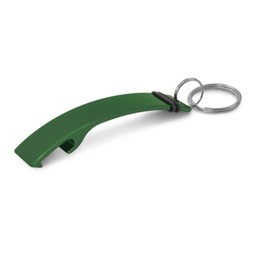 A drink bottle opener key ring in a vibrant green color, featuring a sleek design with a key ring attachment.