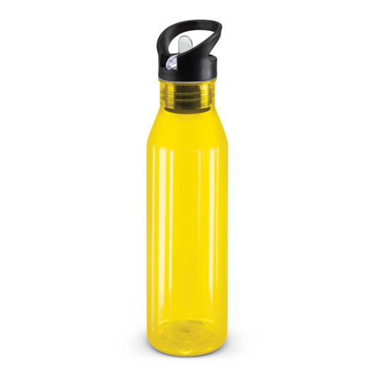 A drink bottle in translucent yellow with a black lid and spout, featuring a logo.