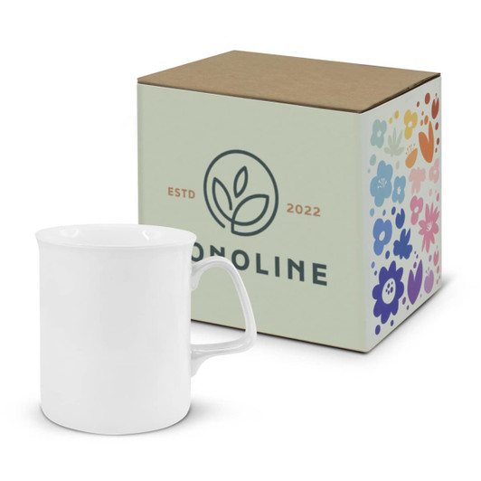 A white Chroma Bone China coffee mug beside a colourful floral box featuring branding.