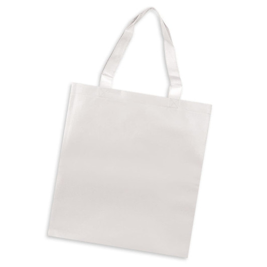 A plain white tote bag with sturdy handles and a simple design, featuring a branding logo.