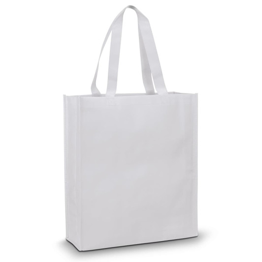A white tote bag with two sturdy handles and a plain design, featuring a branding logo.