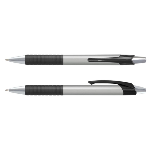 A pen featuring a silver barrel with a black grip and accent, including a logo.