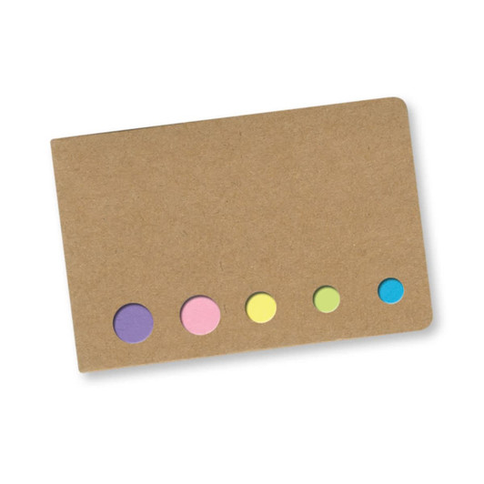 A set of sticky flags in pastel colours (purple, pink, yellow, green, and blue) on a brown cardboard backing.