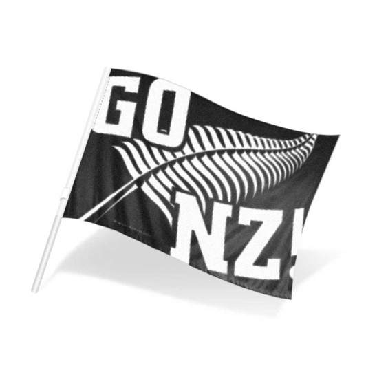 A Supporters Flag featuring a black and white design with the text "GO NZ!" and a fern graphic.