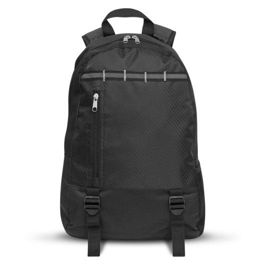 A Campus Backpack in black features a sleek design with a zippered front pocket and adjustable straps.