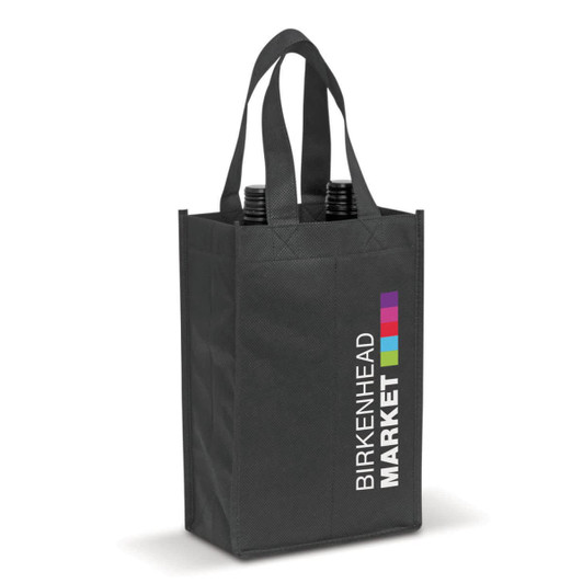 A black tote bag designed to hold two wine bottles, featuring sturdy handles and a logo.