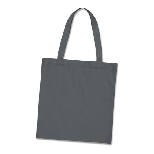 A grey cotton tote bag with two shoulder straps and a simple design. It features a branding logo.