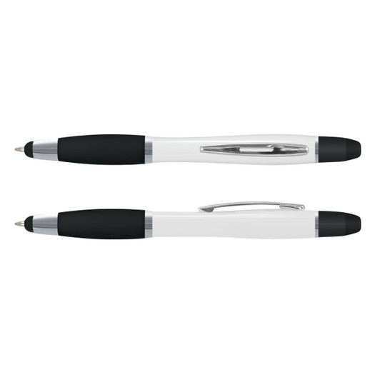 A white and black multi-function pen with a sleek design and ergonomic grip, featuring a logo on its body.