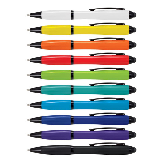 A collection of stylus pens in white, yellow, orange, red, green, blue, teal, purple, and black, featuring clips and a logo.