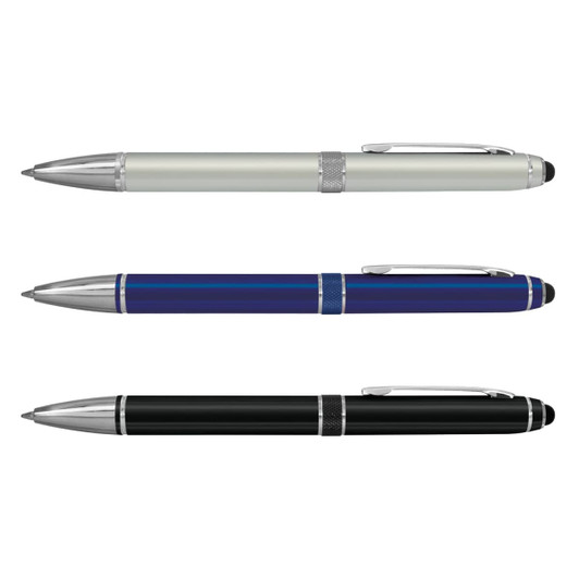 A set of three stylus pens in silver, blue, and black, each featuring a metallic finish and a clip.
