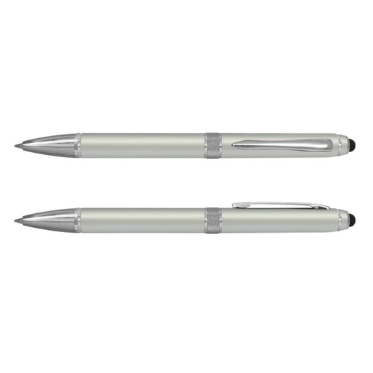 A stylus pen in a soft green shade with silver accents and a branding logo.