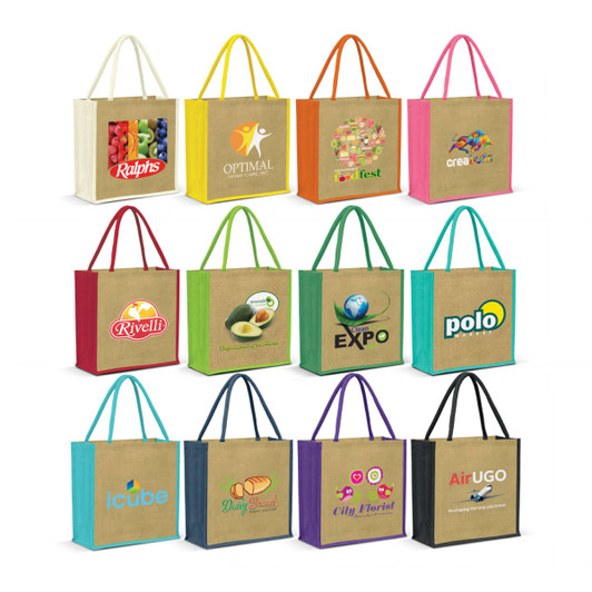 A variety of jute tote bags in different colours featuring various logos and designs.