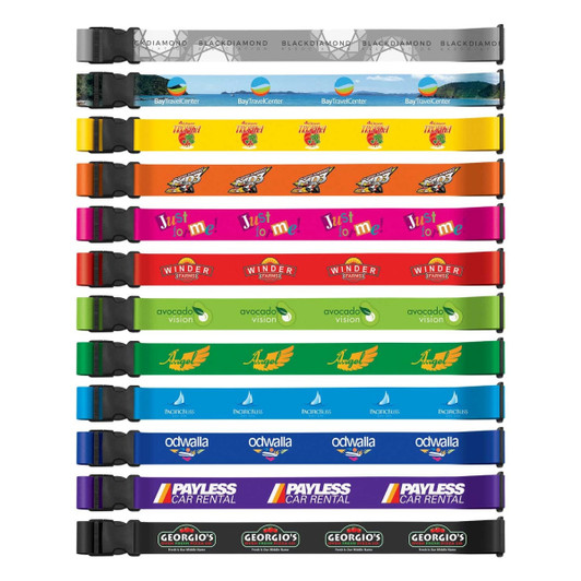 A range of full colour luggage straps featuring various bright colours and designs, each with a distinct logo.
