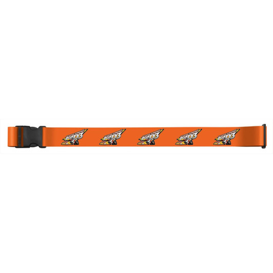 An orange luggage strap featuring a repeated design and a buckle closure. There is branding on the strap.