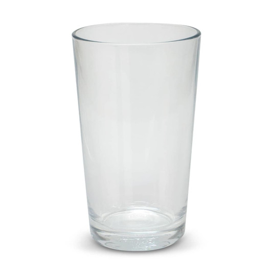 A clear glass tumbler with a simple, sleek design, featuring a smooth surface and a slight taper towards the base.
