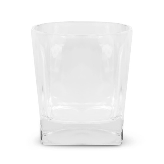 A glass tumbler with a clear, straight-edged design and a sturdy base. It features a logo on the side.