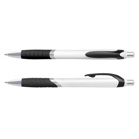 A plastic pen with a coloured barrel featuring a silver and black design and a textured grip. It includes a branding logo.