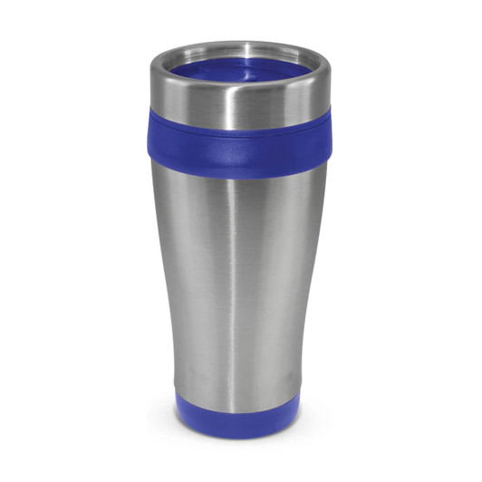 A drink bottle with a stainless steel body and blue silicone accents, featuring a lid and a sleek design.