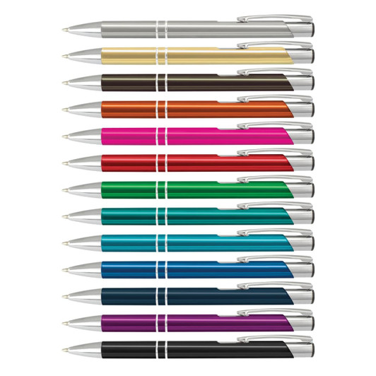 A selection of metal pens in various colours, featuring a sleek design and silver accents, arranged in a row.