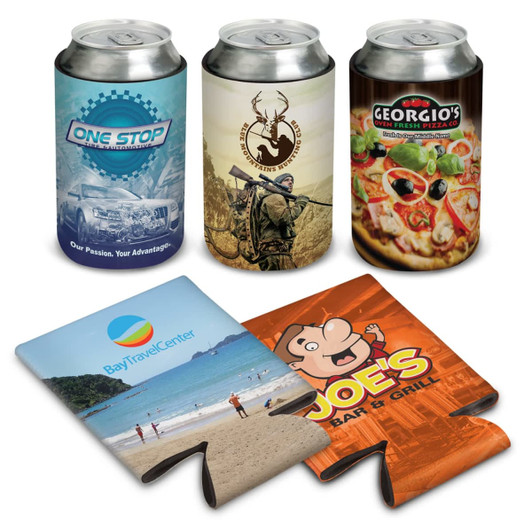 A drink bottle wrapped in colourful designs, featuring branding and three beverage can coolers in various patterns.