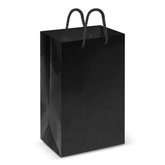 A small black laminated carry bag with black rope handles.
