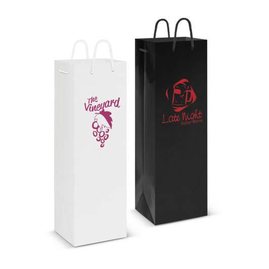 A laminated wine bag in white and black with handles, featuring logos on each bag.