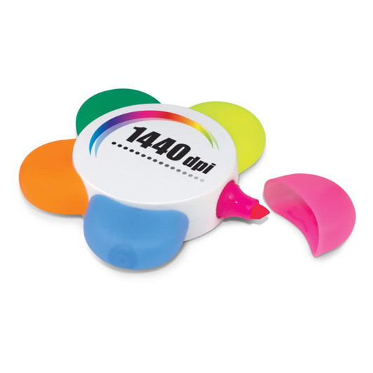A flower-shaped highlighter set featuring pink, orange, green, and blue highlighter tips with a white base.