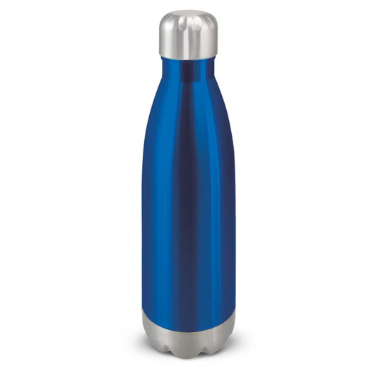 A drink bottle made of stainless steel with a sleek blue finish and a silver top.