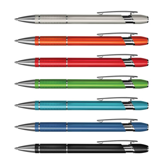 A collection of metal pens in various colours: silver, orange, red, green, blue, and black, featuring a logo.