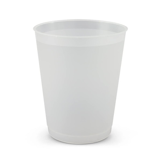 A drink cup in translucent white plastic, featuring a simple design and rounded base. Includes a branding logo.